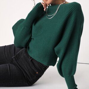 Classically Cozy Dark Green Ribbed Dolman Sleeve Cropped Sweater
